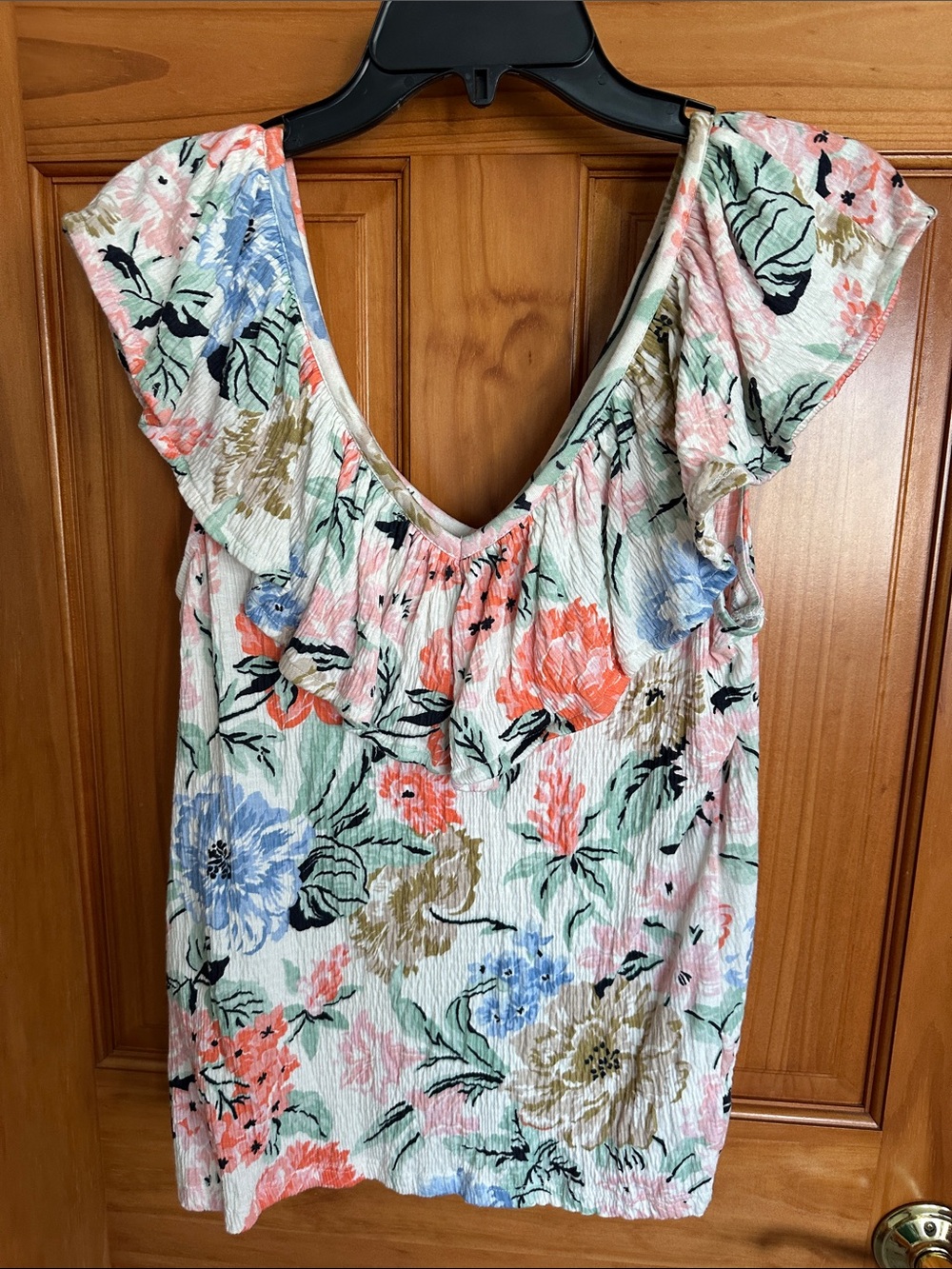 LOFT Floral Ruffle Tank Top in Coral, Blue, Green, Cream - Picture 2 of 3